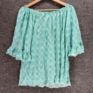 Eb & Ive Blouse Women One Size Blue Geometric 3/4 Sleeve Rayon Pullover Casual